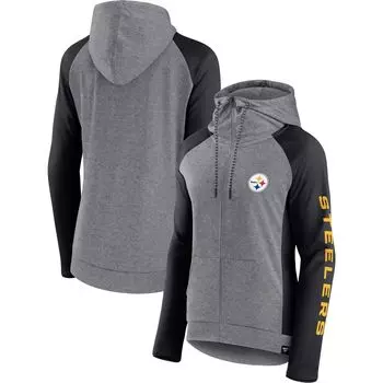 Женская толстовка с капюшоном Fanatics с логотипом Heather Grey/Black Pittsburgh Steelers и молнией во всю длину с закрытыми сторонами реглан Fanatics