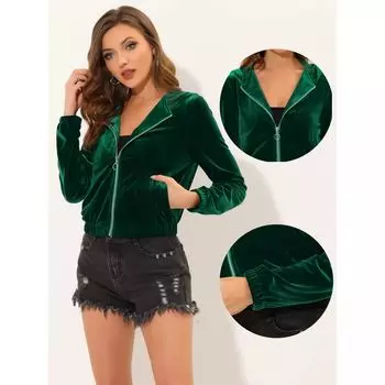 Женская толстовка с капюшоном, повседневная бархатная толстовка на молнии для активного отдыха с карманами ALLEGRA K