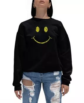 Женская толстовка с круглым вырезом be happy smiley face word art LA Pop Art, черный