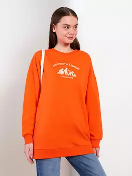 Женская толстовка-туника оверсайз с длинными рукавами и круглым вырезом с принтом LCW Modest, яркий оранжевый