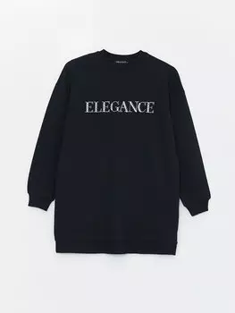 Женская толстовка-туника с длинным рукавом и блестящим каменным принтом с круглым вырезом и длинными рукавами LCW Modest, новый черный