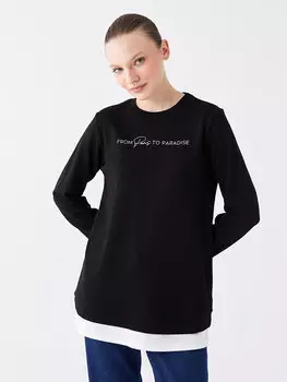 Женская толстовка-туника с длинным рукавом с круглым вырезом и принтом LCW Modest, черный