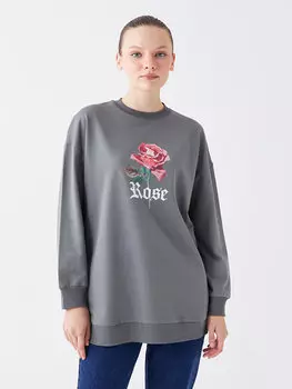 Женская толстовка-туника с длинным рукавом с круглым вырезом и принтом LCW Modest, темно-серый