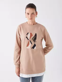 Женская толстовка-туника с длинным рукавом с круглым вырезом и принтом LCWAIKIKI Classic, светло-коричневый