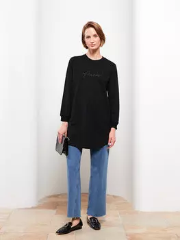 Женская толстовка-туника с длинным рукавом с круглым вырезом и принтом LCWAIKIKI Classic, новый черный