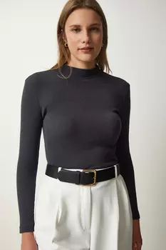 Женская трикотажная блузка антрацитового цвета с воротником на шнурке Happiness stanbul, серый