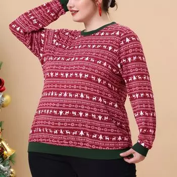 Женская трикотажная блузка больших размеров с круглым вырезом и длинными рукавами с рождественским узором Agnes Orinda