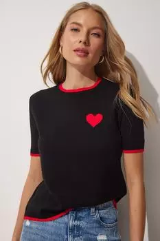 Женская трикотажная блузка черного цвета с сердечками Happiness stanbul, черный