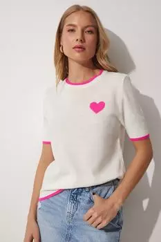 Женская трикотажная блузка цвета экрю с сердцем Happiness stanbul