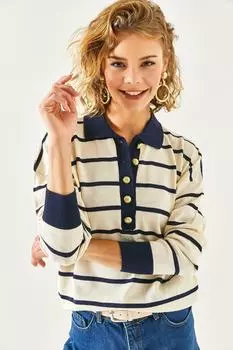 Женская трикотажная блузка цвета экрю с золотыми пуговицами в полоску и воротником-поло Olalook