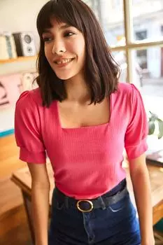 Женская трикотажная блузка цвета фуксии с квадратным воротником и короткими рукавами Olalook, розовый