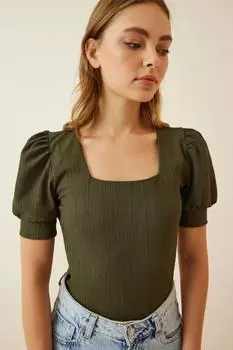 Женская трикотажная блузка цвета хаки с квадратным воротником и воздушными рукавами Happiness stanbul