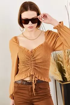 Женская трикотажная блузка цвета молока и кофе со сборками спереди Olalook, коричневый