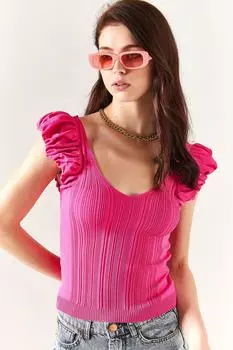 Женская трикотажная блузка фуксии с V-образным вырезом спереди и сзади Olalook, розовый
