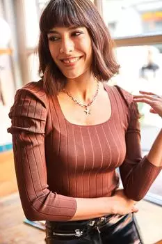 Женская трикотажная блузка горько-коричневого цвета с квадратным воротником в рубчик и рукавами три четверти Olalook, коричневый