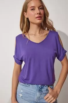 Женская трикотажная блузка из вискозы с вырезами сливового цвета Happiness stanbul, фиолетовый