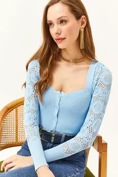 Женская трикотажная блузка на пуговицах с ажурным квадратным воротником и голубыми рукавами Olalook, бежевый