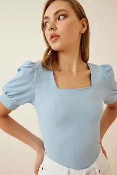Женская трикотажная блузка небесно-голубого цвета с квадратным вырезом и воздушными рукавами Happiness stanbul, синий