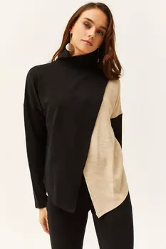 Женская трикотажная блузка с черным каменным воротником и цветными блоками, Olalook, черный