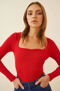 Женская трикотажная блузка с красным воротником-сердечком Happiness stanbul, красный