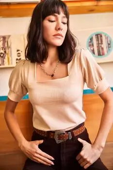 Женская трикотажная блузка с квадратным воротником и короткими рукавами Olalook, серый