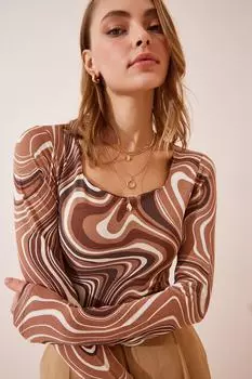 Женская трикотажная блузка с квадратным вырезом и узором печенья Happiness stanbul, коричневый