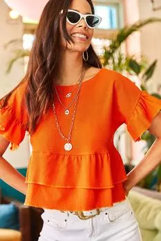 Женская трикотажная блузка с оранжевыми рукавами и юбкой с круглым вырезом Olalook, оранжевый