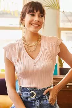 Женская трикотажная блузка с рукавами-бабочками и V-образным вырезом Olalook, розовый