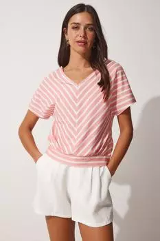 Женская трикотажная блузка с v-образным вырезом в розово-белую полоску Happiness stanbul, розовый