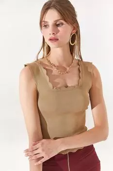 Женская трикотажная блузка с воротником из норки выше талии Olalook, бежевый
