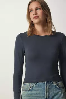 Женская трикотажная блузка Saran антрацитового цвета с круглым вырезом Happiness stanbul, серый