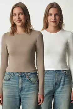 Женская трикотажная блузка Saran с круглым вырезом цвета норки цвета экрю, комплект из двух комплектов Happiness stanbul, коричневый