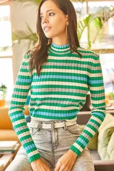 Женская трикотажная блузка травяного цвета с полуводолазкой в полоску Olalook, зеленый