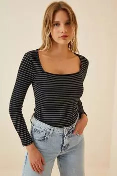 Женская трикотажная блузка в черную полоску с квадратным воротником Happiness stanbul, черный