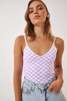 Женская трикотажная блузка в клетку с сиреневым ремешком Happiness stanbul, розовый