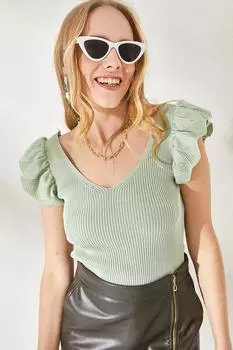 Женская трикотажная блузка водно-зеленого цвета с V-образным плечом и рюшами спереди и сзади Olalook, зеленый