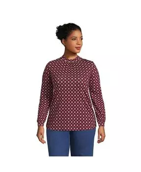 Женская трикотажная футболка больших размеров с длинными рукавами и присборенным воротником Lands' End, красный