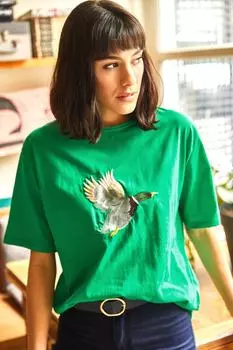 Женская трикотажная футболка Boyfreind с вышивкой Grass Green Duck Olalook, зеленый