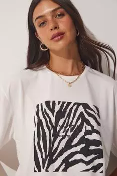 Женская трикотажная футболка оверсайз цвета экрю черного цвета с принтом Happiness stanbul