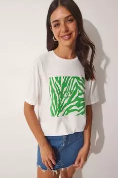 Женская трикотажная футболка оверсайз с принтом цвета экрю, зеленая Happiness stanbul