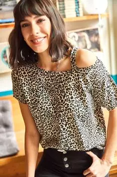 Женская трикотажная футболка с леопардовым принтом на одно плечо Olalook, коричневый