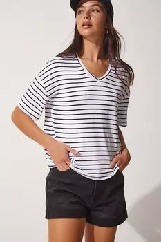 Женская трикотажная футболка с v-образным вырезом в бело-черную полоску Happiness stanbul, белый
