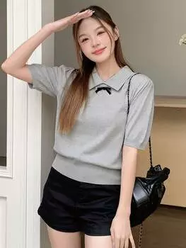 Женская трикотажная рубашка DAZY с короткими рукавами и бантом, серый