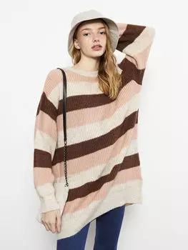 Женская трикотажная туника с круглым вырезом и цветными блоками с длинным рукавом LCW Casual