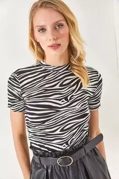 Женская трикотажная укороченная блузка из вискозы, черная лайкра с рисунком зебры Olalook, черный