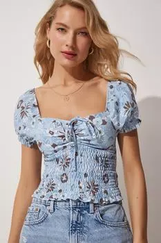 Женская трикотажная укороченная блузка небесно-голубого цвета со сборным воротником и цветочным принтом Happiness stanbul, синий