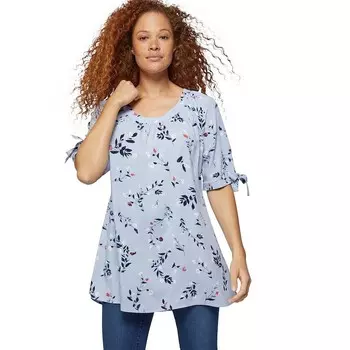 Женская туника больших размеров Ellos с завязками на рукавах и круглым вырезом, цвет Periwinkle Mist Floral