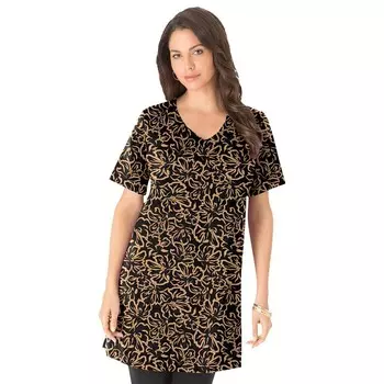 Женская туника больших размеров Roaman's Ultimate с короткими рукавами и v-образным вырезом, цвет Camel Graphic Blossom