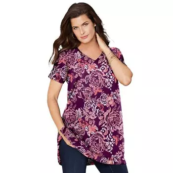 Женская туника больших размеров Roaman's Ultimate с короткими рукавами и v-образным вырезом, цвет Dark Berry Butterfly