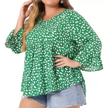 Женская туника больших размеров с баской, блузка Babydoll в горошек с рукавами 3/4 Agnes Orinda, зеленый